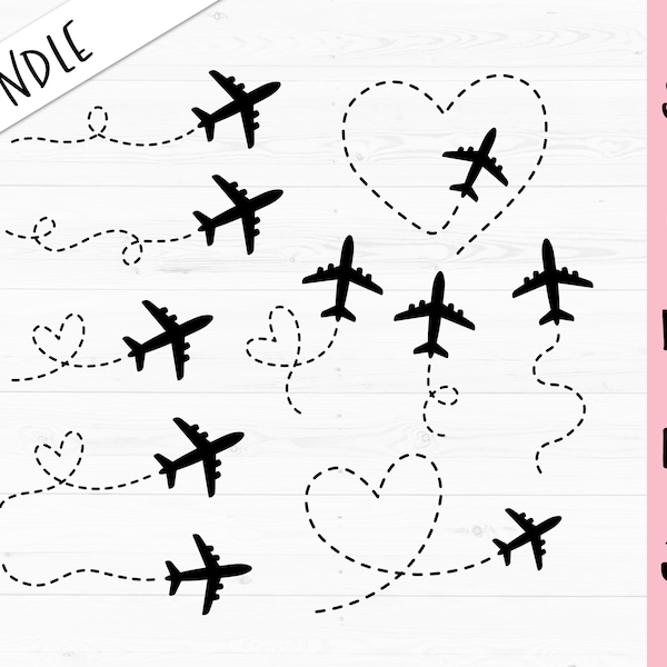 Airplane Bundle SVG Plane route heart path cut file Travel love Wanderlust Vacation Girl Trip Shirt Bachelorette Honeymoon Silhouette Cricut