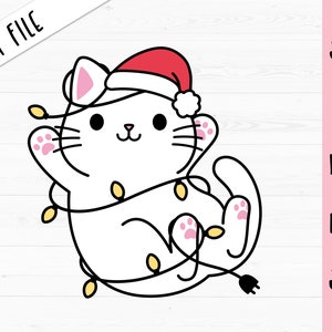 Christmas cat SVG Cat with Santa Hat cut file Christmas lights Cute Funny kitty Holidays Kids Baby shirt Silhouette Cricut Vinyl Iron on