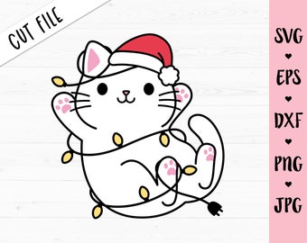 Christmas cat SVG Cat with Santa Hat cut file Christmas lights Cute Funny kitty Holidays Kids Baby shirt Silhouette Cricut Vinyl Iron on
