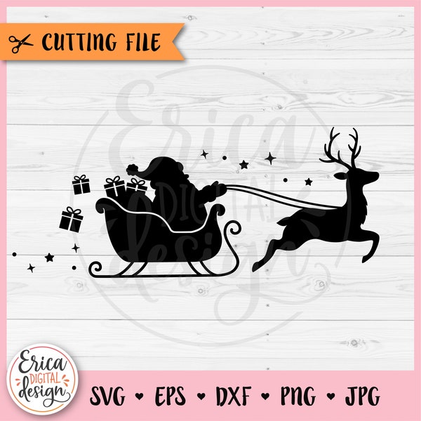 Santa Sleigh SVG Christmas Sleigh cut file Cricut Silhouette Santa and Reindeer Winter Happy Holidays Merry Christmas Reindeer Iron on Vinyl