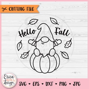 May include: A black and white line drawing of a gnome sitting on a pumpkin with the text "Hello Fall" and leaves around the gnome.
