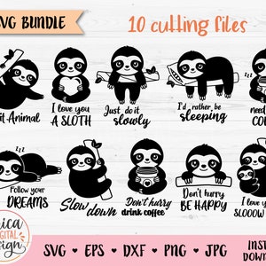 Sloth SVG Bundle Lindo bebé perezoso cortante archivo Divertido perezoso perezoso Negro Blanco Cuttable DXF Silueta Cameo Cricut Camisa de vinilo Grabado láser