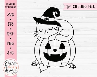 Halloween gato svg archivo cortado Gato durmiendo en una calabaza Lindo gato negro con sombrero de bruja Fall Kids Camisa de Halloween Silueta Cricut Vinilo Láser