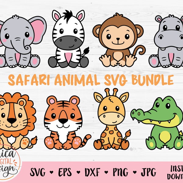 Safari animals layered SVG Cute african jungle animal cut file Cricut Silhouette Lion Tiger Hippo Giraffe Zebra Monkey Zoo Savanna Kids Baby