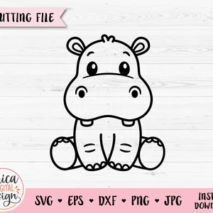 Hippo SVG Cute Hippopotamus Contorno tagliato file Cricut Silhouette Jungle Safari Zoo Animal clipart PNG Baby Kids Incisione laser Timbro digitale
