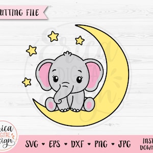 Bebê elefante SVG doce elefante lua arquivo de corte em camadas chá de bebê clipart menina bodysuit berçário silhueta cricut vinil ferro em sublimação