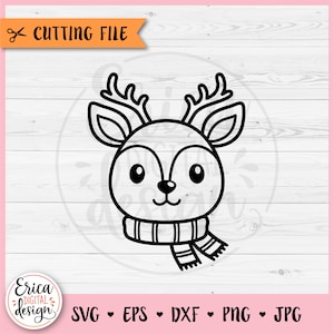 Renna faccia SVG file di taglio del contorno della renna di Natale per Cricut Silhouette renna carina Clipart cervo Woodland Animal Boy Christmas Shirt
