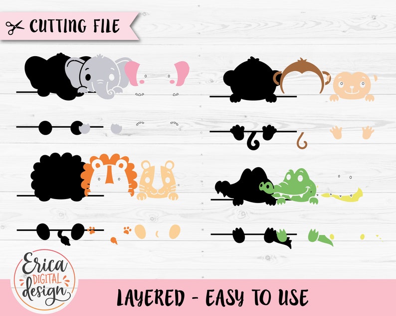 Safari Tier Namen Rahmen SVG Schnittdatei Cricut Silhouette Split Monogramm Student Namensschild Schule Klassenzimmer Label Kinder Baby Lehrer Dschungel Zoo Bild 3