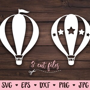 K&ouml;nnte beinhalten: Zwei wei&szlig;e Hei&szlig;luftballon-Schnittdateien. Ein Ballon hat ein einfaches Design und der andere ein Sternendesign. Der Text "8 Schnittdateien" befindet sich unter den Ballons.