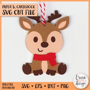 Etiqueta de regalo de reno de Navidad SVG Archivo de corte en capas de ciervo para Cricut Silhouette Woodland Lindo adorno de reno Feliz Navidad Etiqueta de nombre de regalo