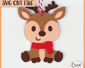 Weihnachten Rentier Geschenkanhänger SVG Hirsch überlagerte Datei für Cricut Silhouette Wald niedliche Rentier Ornament Frohe Weihnachten Geschenk Namensschild