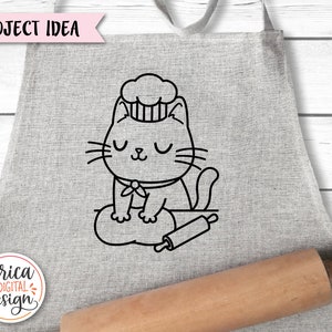 Puede incluir: Un dibujo en blanco y negro de un gato con un gorro de cocinero y sosteniendo un rodillo. El gato est&aacute; sentado en un mont&iacute;culo de masa. La imagen est&aacute; sobre un fondo gris.
