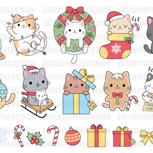 May include: A set of 12 Christmas-themed illustrations featuring cute cats in various holiday activities. The illustrations include cats wearing Santa hats, holding presents, decorating a Christmas tree, and enjoying cookies.