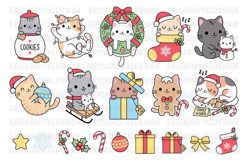 May include: A set of 12 Christmas-themed illustrations featuring cute cats in various holiday activities. The illustrations include cats wearing Santa hats, holding presents, decorating a Christmas tree, and enjoying cookies.