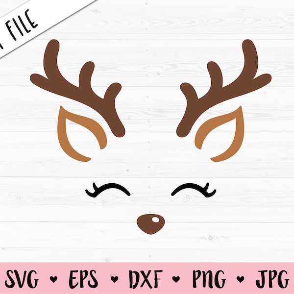 Reindeer face SVG Christmas reindeer cut file Cute Kawaii Santa deer head Xmas Girl shirt Holidays baby bodysuit Silhouette Cricut Vinyl Diy