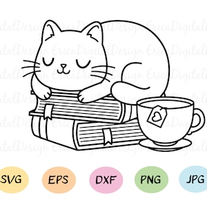 Chat sur les livres SVG Cute cat book reader cutting file Funny cats cuttables Reading Book lover cut file Silhouette Cricut Vinyl T-shirt Stamp