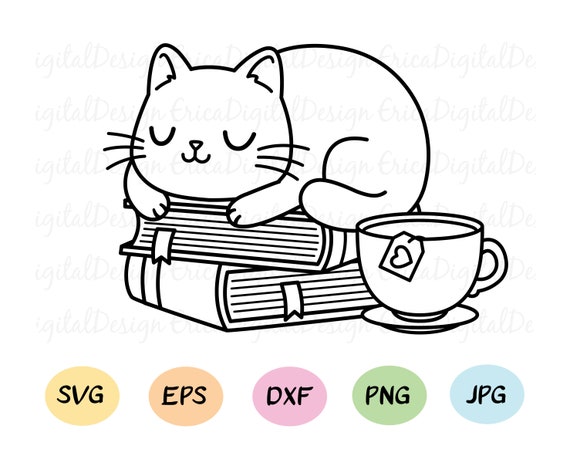 Cat on Books SVG Cute Cat Book Reader Cutting File Funny Cats Cuttables  Reading Book Lover Cut File Silhouette Cricut Vinyl T-shirt Stamp 