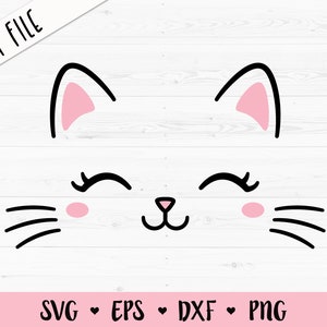 Rosto de gato SVG Kitten bigodes arquivo de corte Cute Kitty Cílios Cabeça de gato de bebê Kawaii Aniversário Menina Silhueta Cricut Camisa de vinil Bodysuit Ferro em