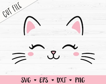 Cat Face SVG Kitten whiskers cut file Cute Kitty Eyelashes Baby cat head Kawaii Birthday Girl Silhouette Cricut Vinyl Shirt Bodysuit Iron on