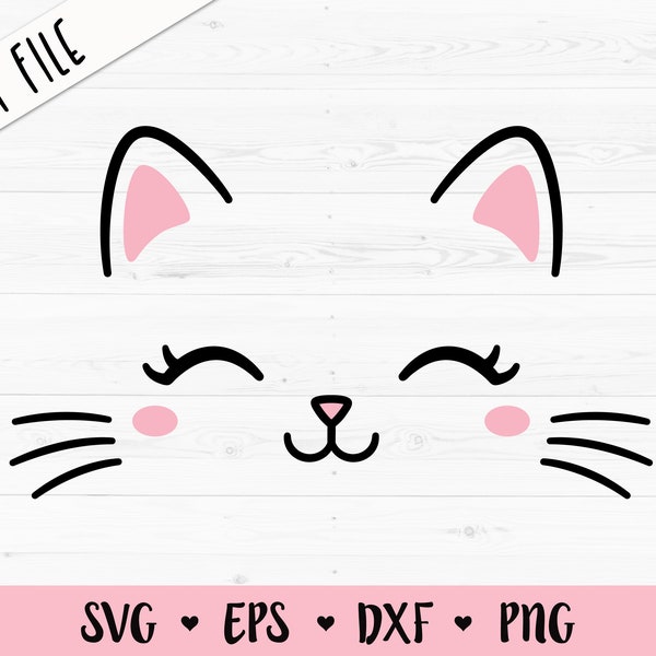 Cat Face SVG Kitten whiskers cut file Cute Kitty Eyelashes Baby cat head Kawaii Birthday Girl Silhouette Cricut Vinyl Shirt Bodysuit Iron on