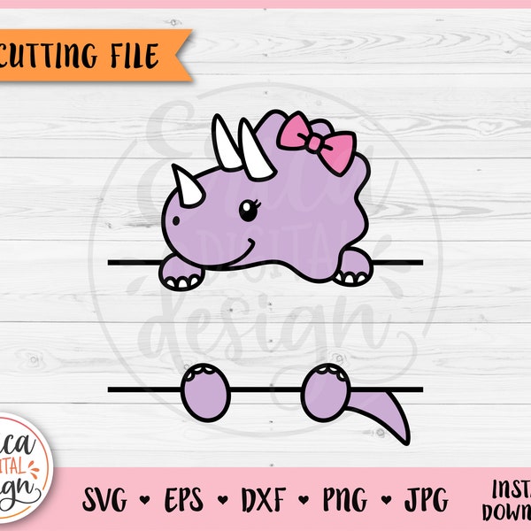 Split Dinosaur Girl SVG Dinosaur Name Frame cut file Cricut Silhouette Cute Triceratops Jurassic Animal Clipart PNG Kids Name Label Vinyl