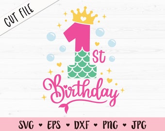 May include: Pink and green mermaid-themed first birthday graphic with a crown, bubbles, and the text "1st Birthday".