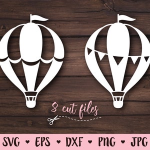 K&ouml;nnte beinhalten: Zwei wei&szlig;e Hei&szlig;luftballon-Schnittdateien, eine mit einer Flaggenkette und die andere ohne. Der Text "8 Schnittdateien" befindet sich unter den Ballons.