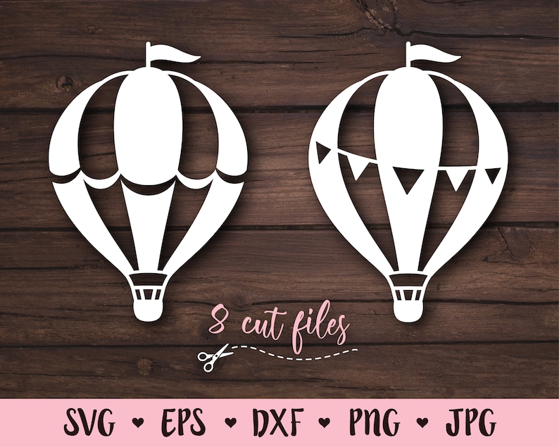 K&ouml;nnte beinhalten: Zwei wei&szlig;e Hei&szlig;luftballon-Schnittdateien, eine mit einer Flaggenkette und die andere ohne. Der Text "8 Schnittdateien" befindet sich unter den Ballons.