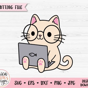Nerd cat SVG fichier coupé Ordinateur nerd fichier de découpe en couches Drôle de chat avec des lunettes Cricut Silhouette Vinyl Kid shirt Usage commercial Clipart PNG
