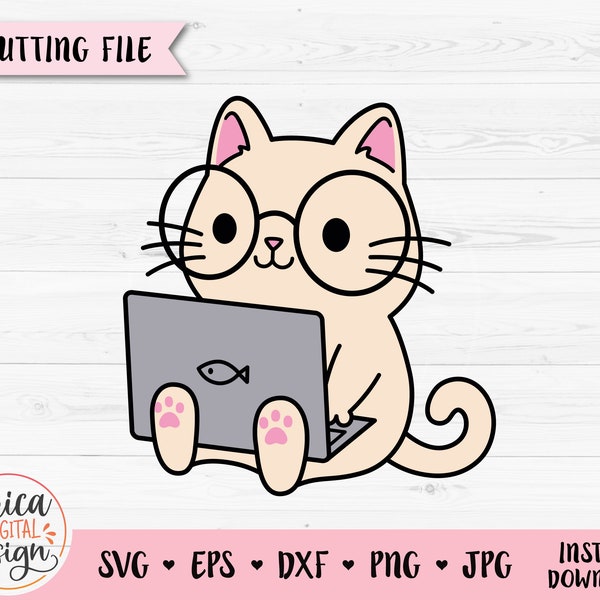 Nerd cat SVG cut file Computer nerd layered cutting file Funny cat with glasses Cricut Silhouette Vinyl Kid shirt Commercial use Clipart PNG