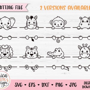 Safari Tier Namen Rahmen SVG Schnittdatei Cricut Silhouette Split Monogramm Student Namensschild Schule Klassenzimmer Label Kinder Baby Lehrer Dschungel Zoo