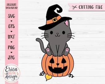 Halloween gato svg archivo de corte Gato brujo en Halloween calabaza Lindo gato con sombrero de bruja Fall Kids Halloween camisa Silueta Cricut Vinilo Hierro en