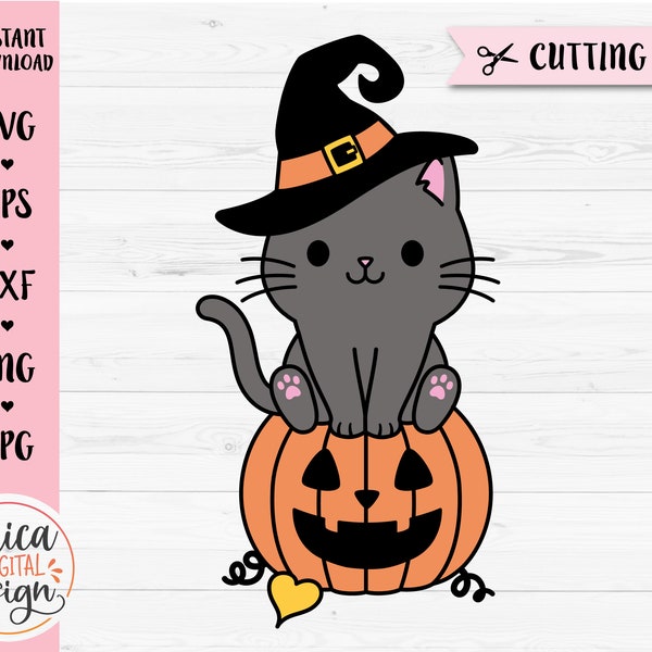 Halloween cat svg cut file Witch cat on Halloween pumpkin Cute cat with witch hat Fall Kids Halloween shirt Silhouette Cricut Vinyl Iron on