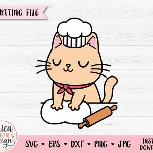 Könnte beinhalten: Eine Cartoon-Illustration einer Katze, die einen Kochhut und ein rotes Bandana trägt und Teig mit einem Nudelholz knetet. Die Katze ist hellorange mit geschlossenen Augen und einem glücklichen Ausdruck.