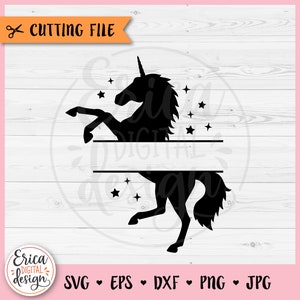 Könnte beinhalten: Schwarze Silhouette eines Einhorns mit einem Horn und einem Sternenmuster, das auf seinen Hinterbeinen steht, mit seinen Vorderbeinen erhoben. Das Einhorn ist horizontal in zwei Hälften geteilt, mit einem leeren Platz für Text. Das Bild ist auf einem Holzmaserungshintergrund.