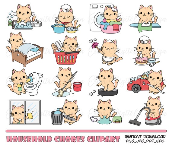 Household Chores clipart Funny cats clipart Kawaii cute kitty icons Cleaning Laundry Trash Dishes Printable stickers Planner supplies Vector