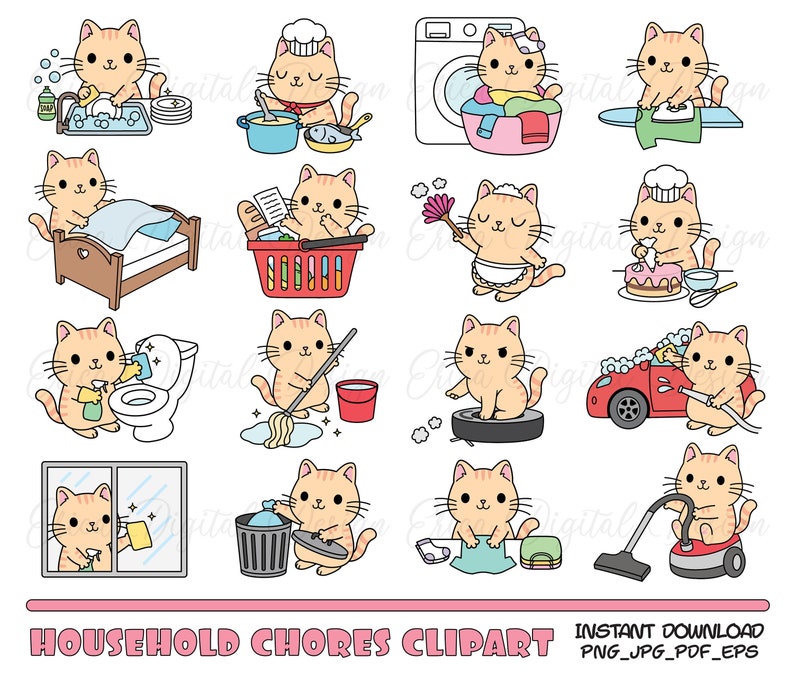 Puede incluir: Un conjunto de 12 im&aacute;genes de clipart digital que presentan a lindos gatos de dibujos animados realizando diversas tareas dom&eacute;sticas, que incluyen lavar los platos, hacer las camas, lavar la ropa, limpiar el ba&ntilde;o, barrer el piso, aspirar, lavar un autom&oacute;vil, planchar, hornear y desempolvar. Las im&aacute;genes est&aacute;n en un estilo de dibujos animados con colores brillantes y l&iacute;neas simples.