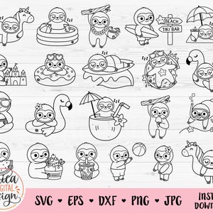 Perezosos de verano contorno SVG archivos de corte Lindo perezoso Playa Fiesta en la piscina clipart PNG Perezoso divertido Ilustración de vacaciones Grabado láser Dibujo para colorear