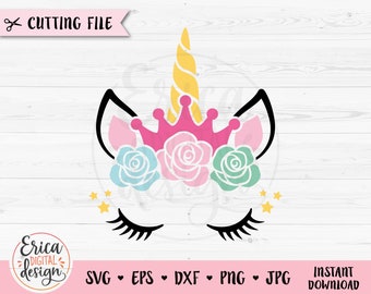 Unicorn face SVG Unicorn eyelashes cut file Crown Flowers Floral Unicorn head Birthday Shirt Girl Bodysuit Silhouette Cricut Vinyl Iron on