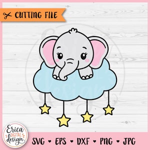 May include: A cute cartoon elephant with pink ears sits on a blue cloud with five yellow stars hanging from it.