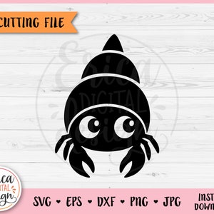 May include: Black and white silhouette of a cartoon hermit crab with large eyes. The crab is facing forward with its claws outstretched.