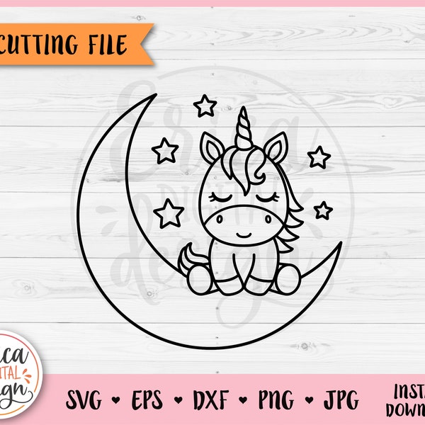 Baby Unicorn Outline SVG fichier coupé pour Cricut Silhouette Licorne mignonne sur la lune Baby Girl Shirt Body Nursery Iron on Vinyl Laser Gravure