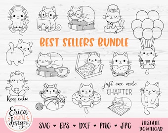 May include: A digital download bundle of 10 black and white cat illustrations. The illustrations feature cats reading books, eating pizza, wearing a chef hat, and more. The text "Best Sellers Bundle" is at the top of the image. The text "Just One More Chapter" is at the bottom of the image.