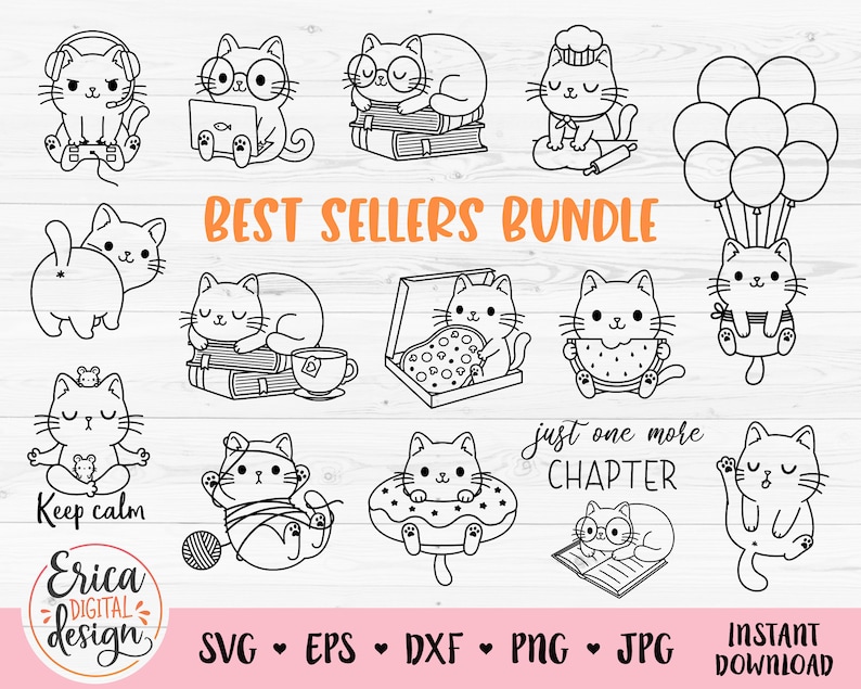 Puede incluir: Un paquete de descarga digital de 10 ilustraciones de gatos en blanco y negro. Las ilustraciones muestran gatos leyendo libros, comiendo pizza, usando un gorro de chef y m&aacute;s. El texto "Best Sellers Bundle" est&aacute; en la parte superior de la imagen. El texto "Just One More Chapter" est&aacute; en la parte inferior de la imagen.