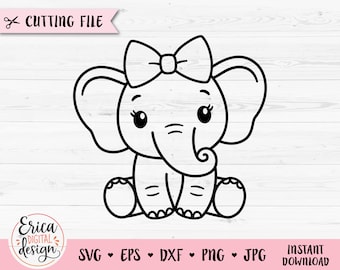 Baby elephant girl SVG Cute sitting elephant outline Cut file for Cricut Baby Shower Girl Shirt Bodysuit Animal Silhouette Vinyl Iron on PNG