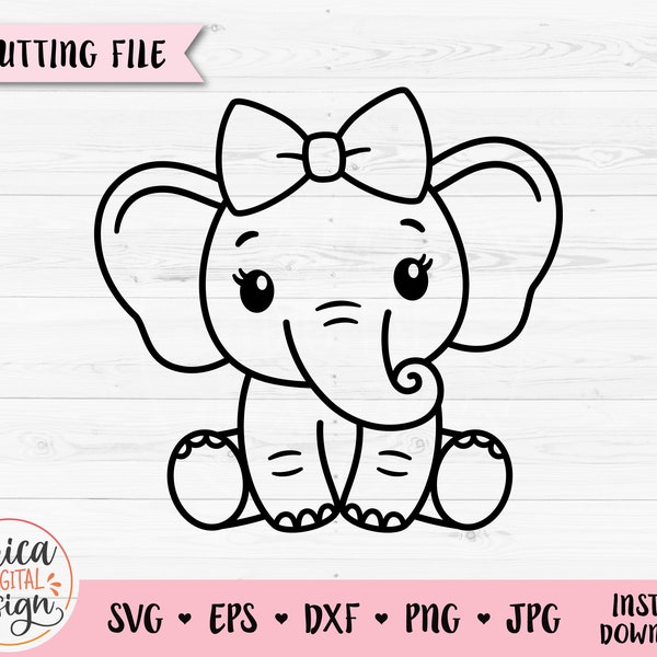 Bébé éléphant fille SVG mignon éléphant assis contour fichier coupé pour Cricut baby shower girl chemise body Silhouette animale vinyle fer sur PNG