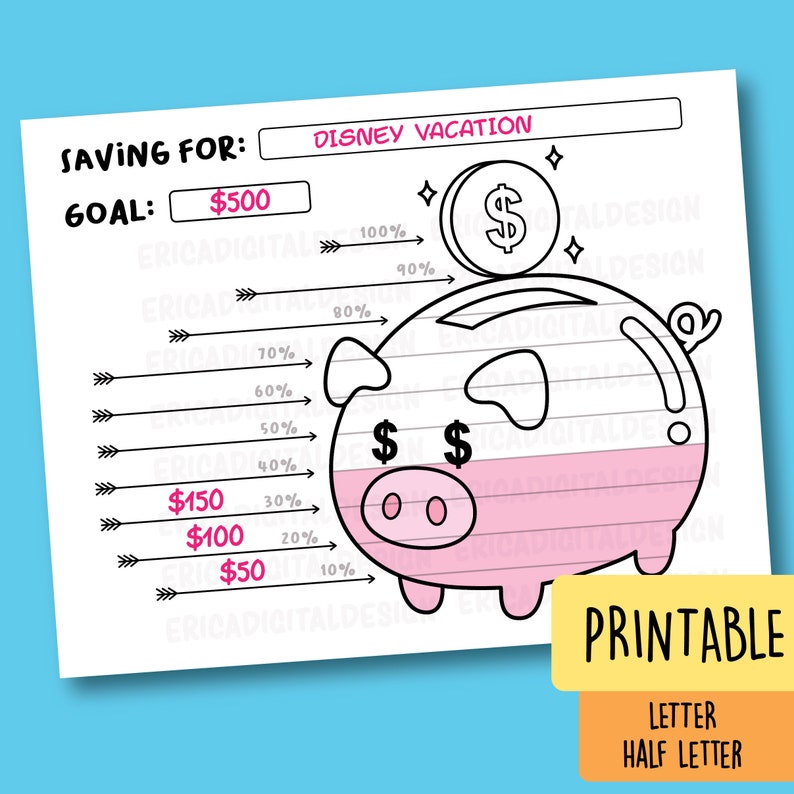 May include: A printable savings tracker for a Disney vacation. The tracker features a piggy bank with a goal of $500. The piggy bank is filled with pink and white stripes and has a coin on top. The tracker has a scale from 10% to 100% with increments of 10%.