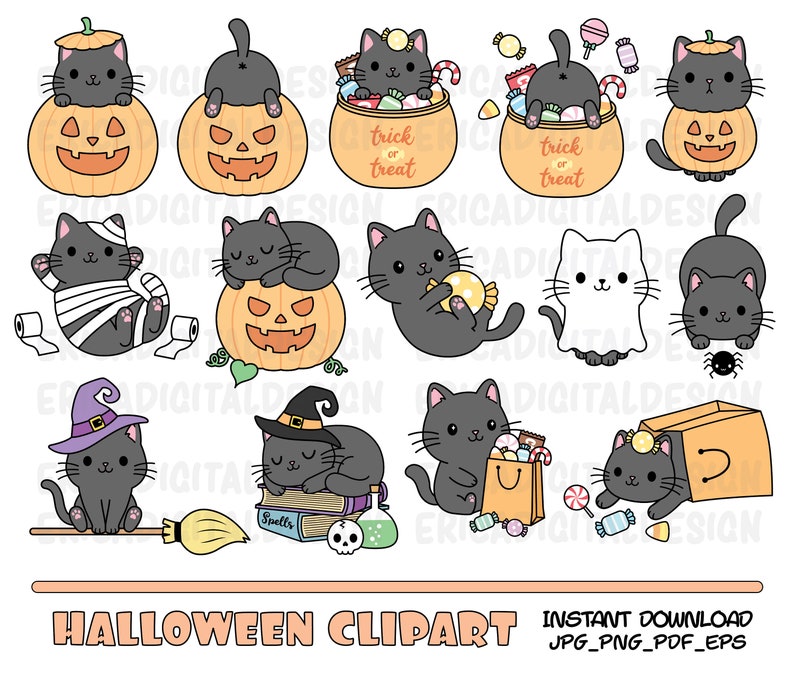 May include: A set of 10 Halloween clip art images featuring cute black cats in various poses. The cats are dressed in costumes, holding candy, and sitting in pumpkins. The images are perfect for use in digital scrapbooking, card making, and other craft projects.