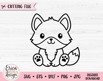 Fox Outline SVG Mignon assis renard fichier coupé pour Cricut Silhouette Baby Shower Toddler Bodysuit Nursery Woodland animal Vinyl Laser Engraving