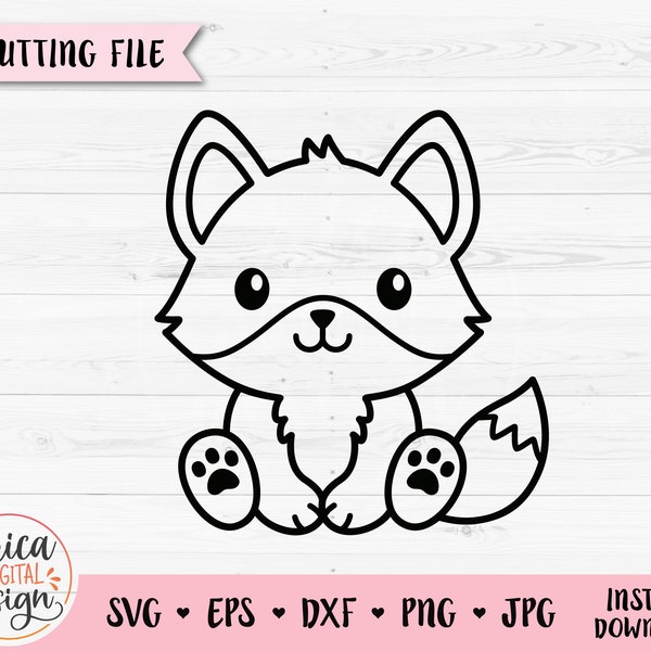 Fox Outline SVG Cute sitting fox cut file for Cricut Silhouette Baby Shower Toddler Bodysuit Nursery Woodland animal Vinyl Laser Engraving